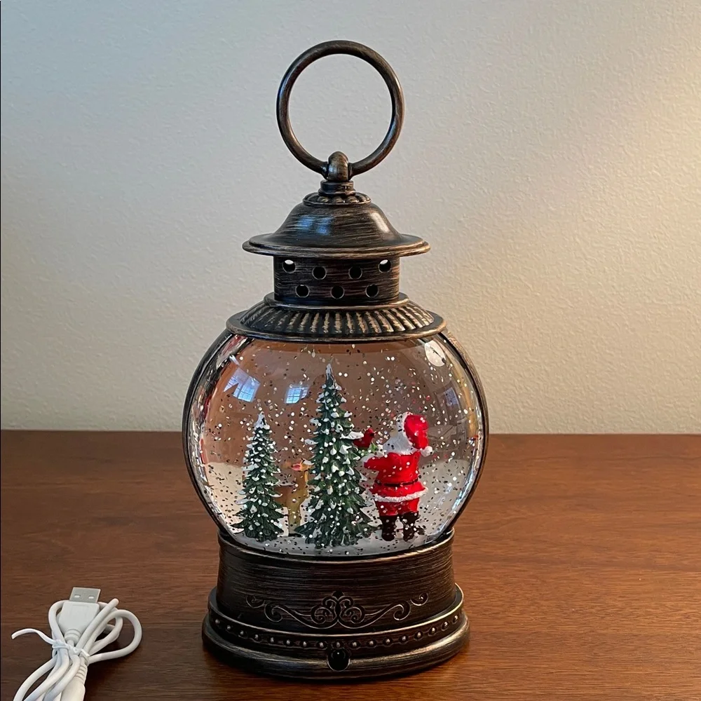 Musical Light Up Christmas Lantern Snow Globe with Santa and Reindeer
